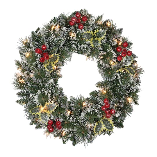 24" Pre-Lit Snowy Silverton Pine Wreath
